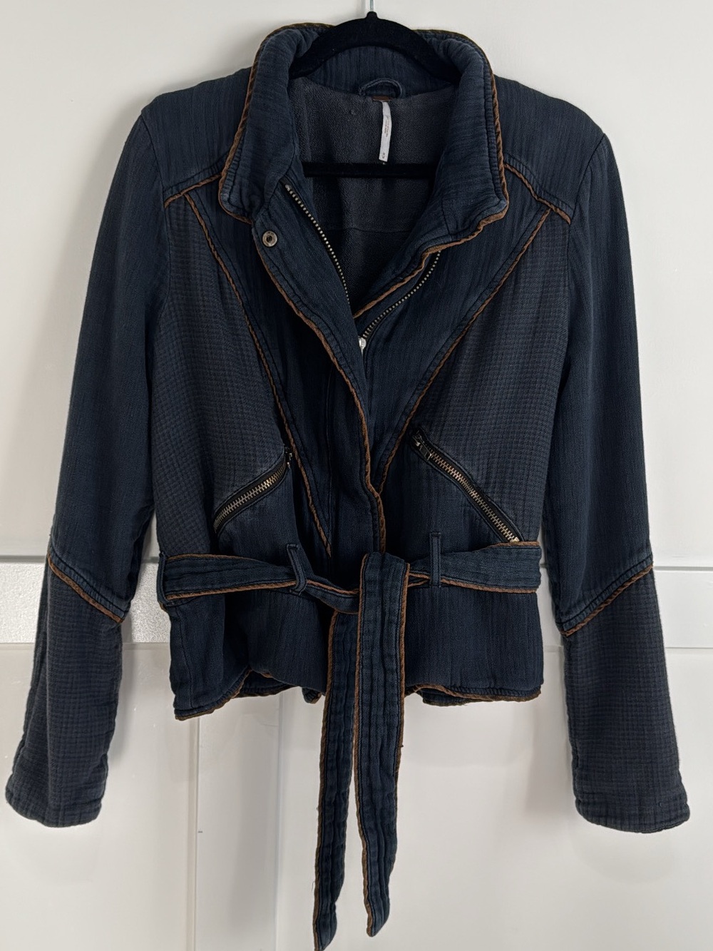 Free People Doublecloth Twill Belted Moto Jacket Washed Blue